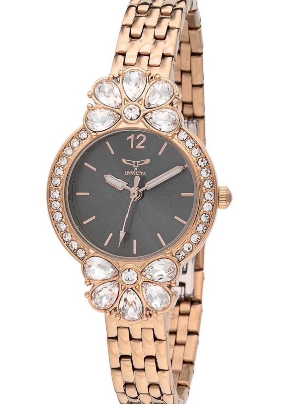Invicta Rose Gold Tone Bracelet Watch with Gray Dial and Crystal Floral Accents